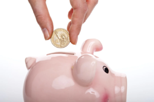 Coin being put in a piggy bank