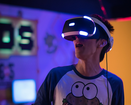 A photo of a person using a VR set